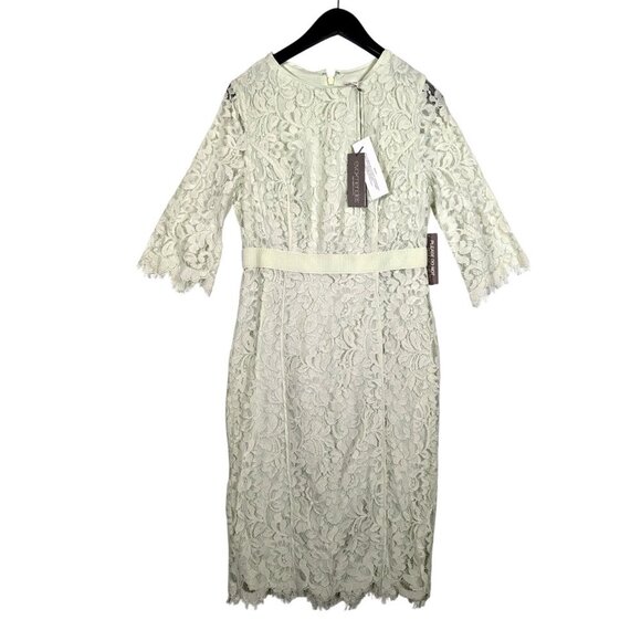 NWT Eva Mendes Romina Sheath Dress in Mint Green Lace Floral Size M Midi Fringe - Picture 1 of 8